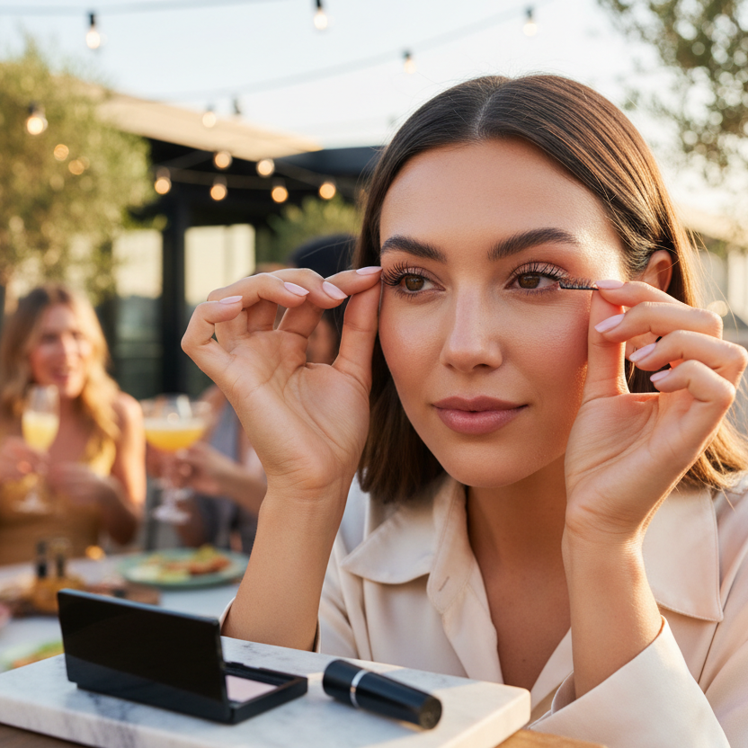 “A close-up of a woman using self-adhesive eyelashes at a stylish outdoor brunch or rooftop setting, vibrant social atmosphere in the blurred background. Premium makeup and glowing skin, square crop, engaging and trendy, visually enticing for impulse purchases.”