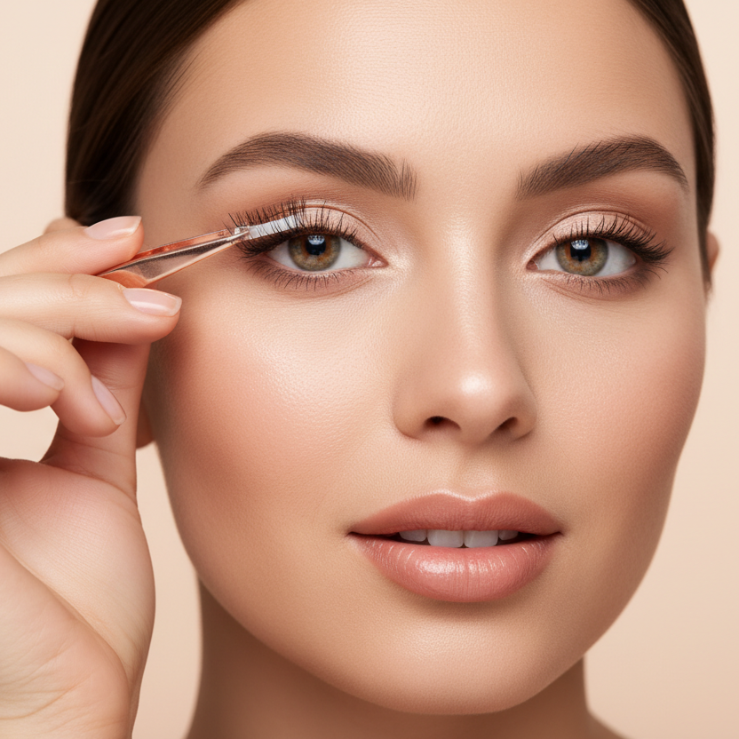 “A stylish, confident woman applying self-adhesive eyelashes with ease, close-up on her face, glowing skin, natural glam makeup. Soft, elegant lighting, clean minimal background, premium beauty aesthetic, square format, crisp details, radiant expression, visually enticing for impulse-buy appeal.”